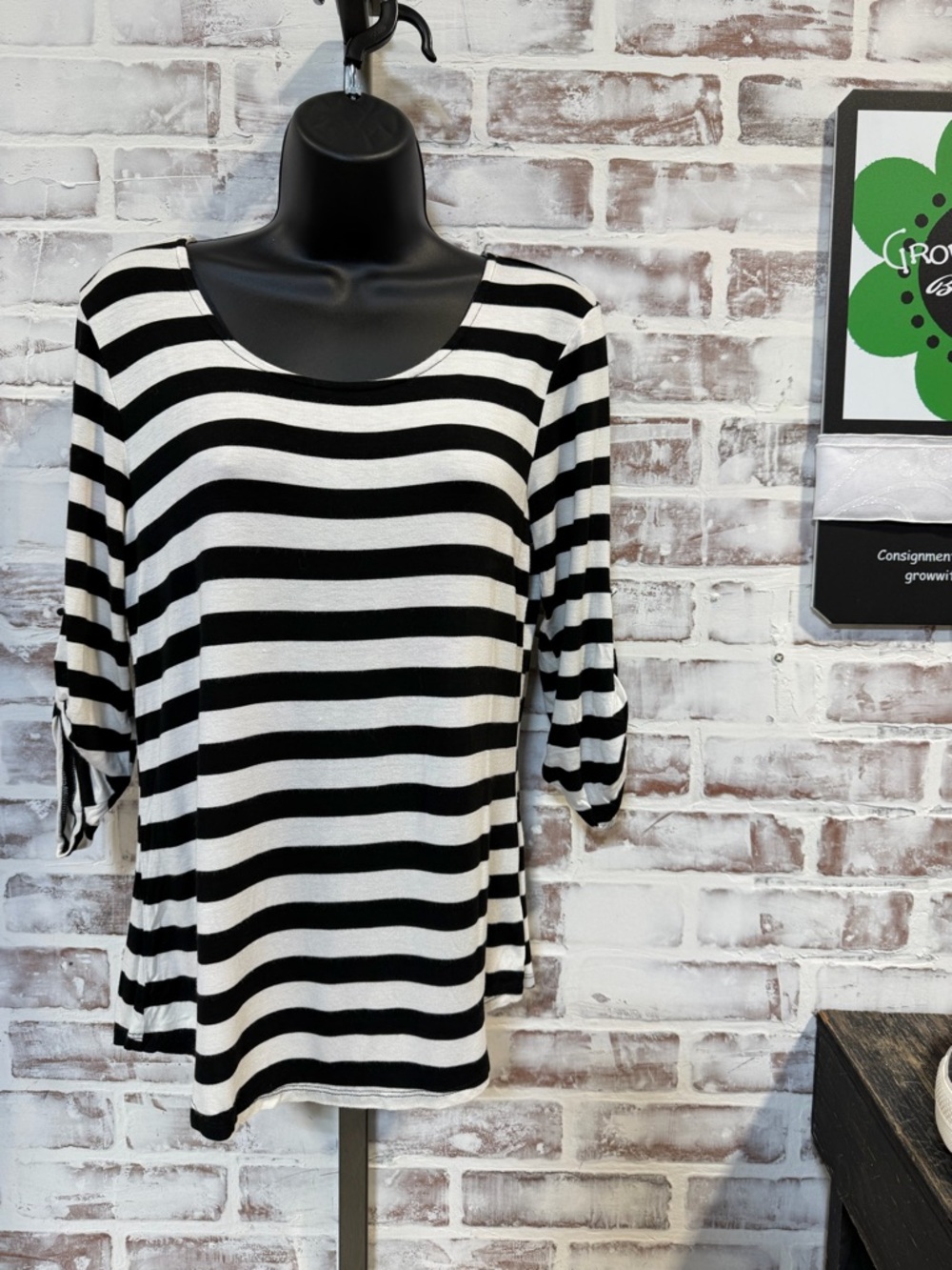 Faith and Joy Black and White Striped Scoop Neck Top medium